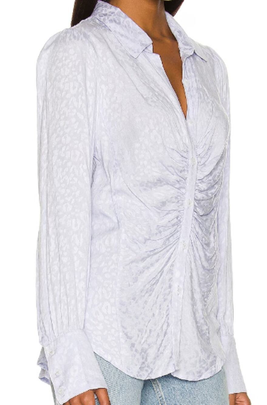 Free People Women's Light Blue Bianca Ruched Button Up Blouse Shirt Size Medium